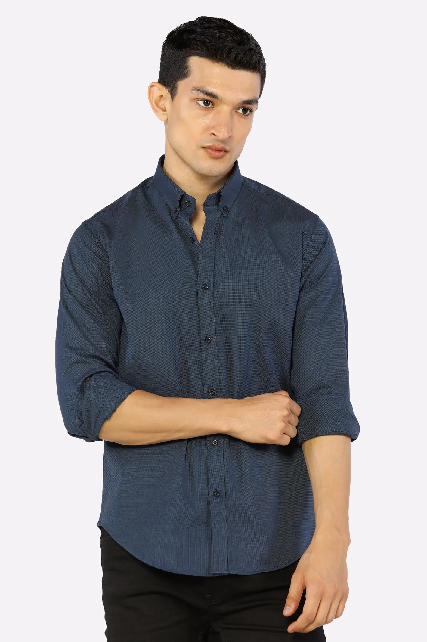 Black Pinpoint Textured Casual Shirt